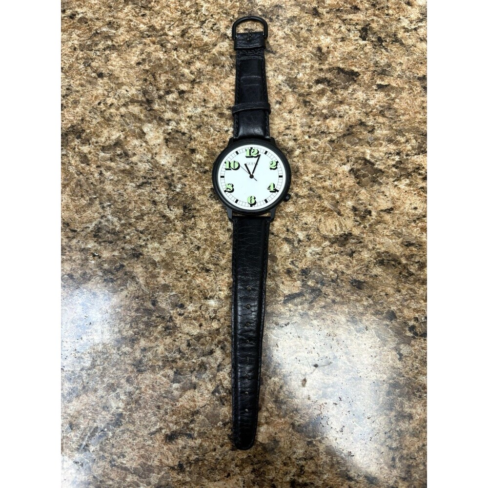Vintage GUESS Black Case Analog Watch White Dial Green Arabic Leather Strap ‘92